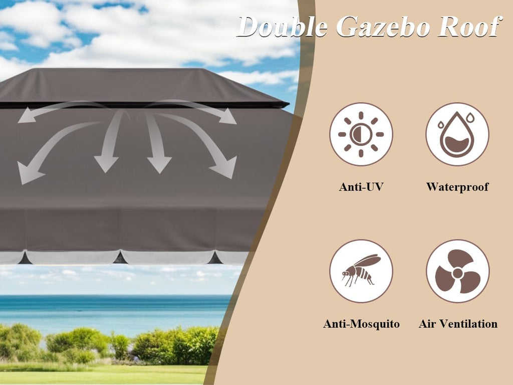 10x13 Gazebo for Patio, Outdoor Gazebo with Mosquito Netting & Curtains, Double Tier Roof Round Leg Marquee Canopy Shelter for Garden, Deck, Backyard, Lawn (D/Gry)