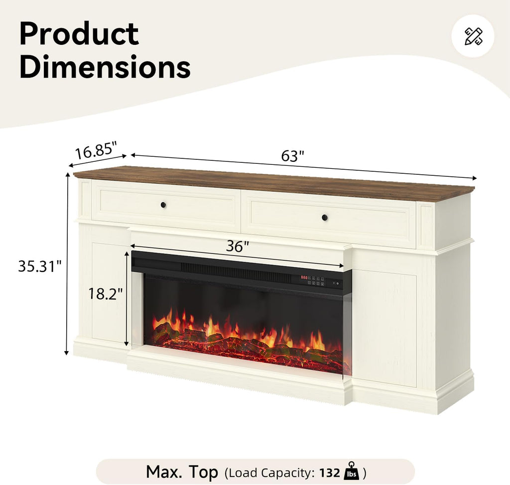 63' Farmhouse TV Stand with Fireplace for TVs up to 70', Media Entertainment Center with Adjustable Shelves, Farmhouse TV Console for Living Room, White & Black