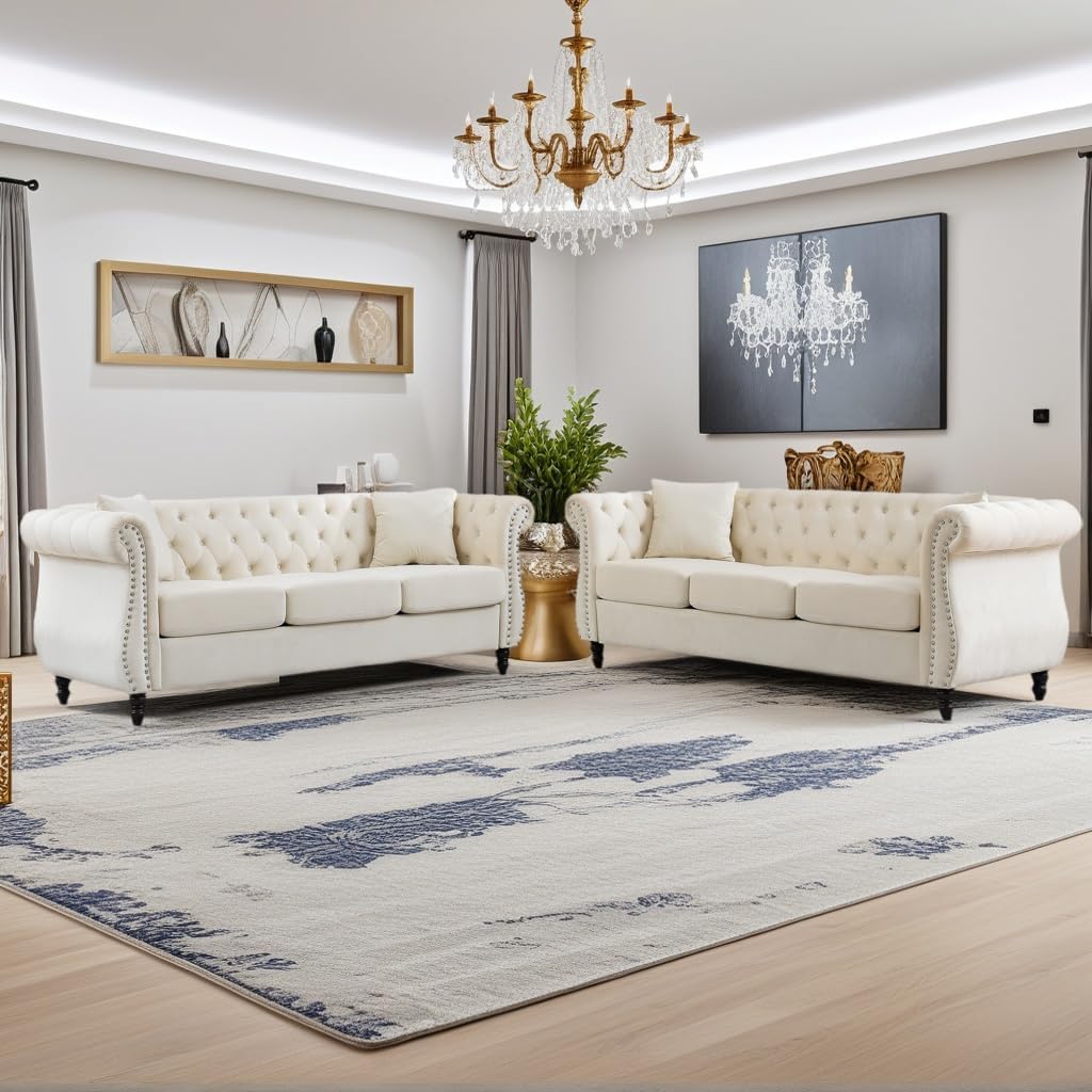 2 Piece Modern Beige Velvet 80' 3-Seater Sofa Sets, Upholstered Tufted Backrests with 8' Rolled Nailhead Arms, Combination Couch with 4 Pillows for Living Room