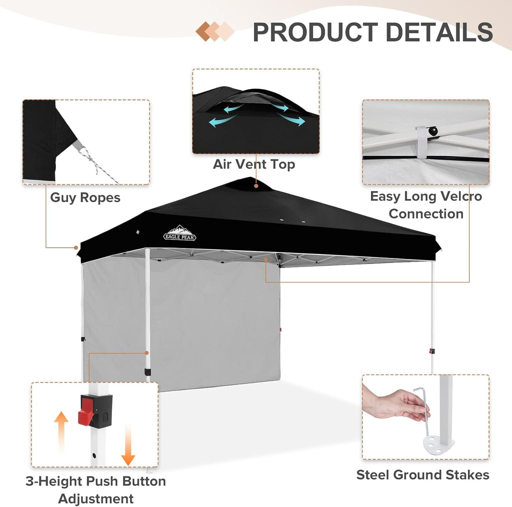 EAGLE PEAK Commercial Canopy 12x12 Pop Up Canopy Tent with 1 Sidewall, Easy Setup Heavy Duty Instant Event Shelter for Vendors & Markets, Outdoor Sun Shade, Black