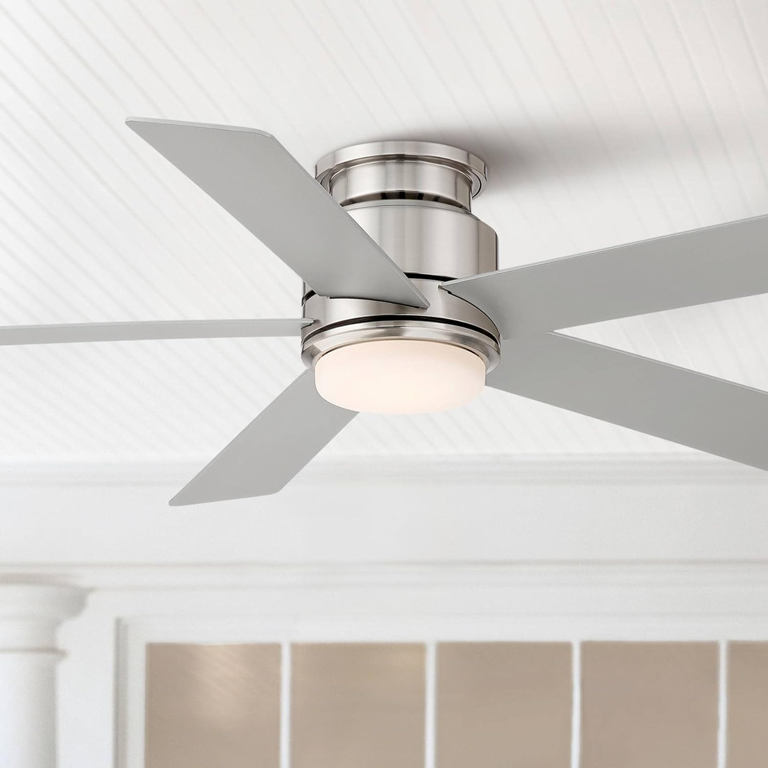 Casa Vieja 52' Grand Palm Modern Outdoor Hugger Ceiling Fan with Dimmable LED Light Remote Control Brushed Nickel White Opal Glass Damp Rated for Patio Exterior House Porch Gazebo Garage