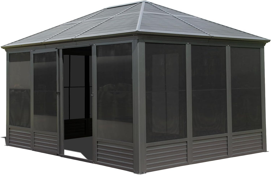 11.2x14.6FT Four Season Solarium Gazebo with Aluminum Frame, Galvanized Steel Roof, Movable PVC Screens & Sliding Doors for Patio Deck Backyard, Gray Hardtop Sunroom Pavilion