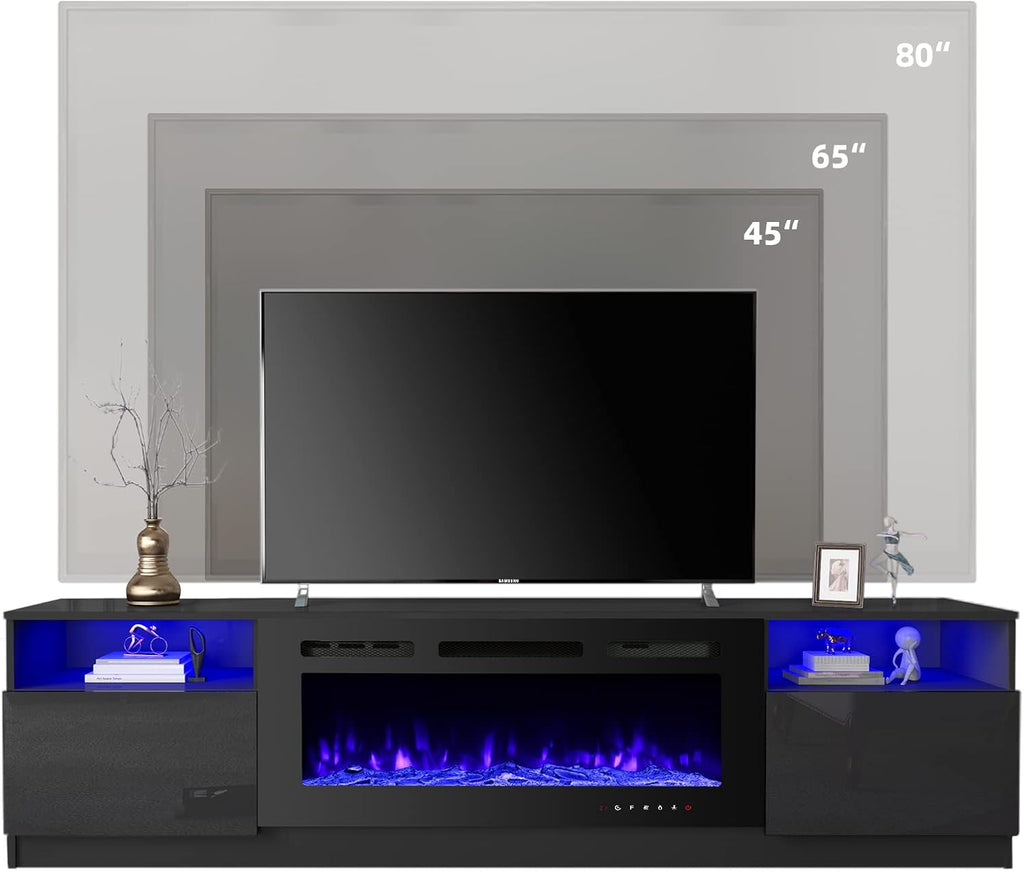 EROMMY 80'' Fireplace TV Stand with 40'' Electric Fireplace, Entertainment Center with 16 Color Led Lights and 12 Flame Fireplace Insert Heater, TV Console for TVs up to 90'' for Living Room, Black
