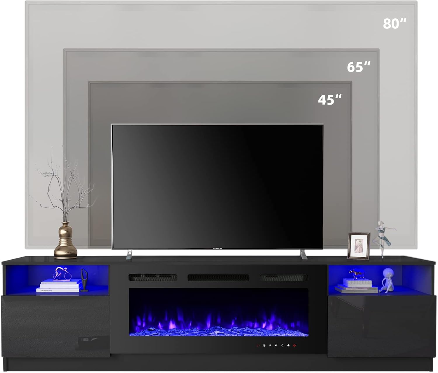 EROMMY 80'' Fireplace TV Stand with 40'' Electric Fireplace, Entertainment Center with 16 Color Led Lights and 12 Flame Fireplace Insert Heater, TV Console for TVs up to 90'' for Living Room, Black