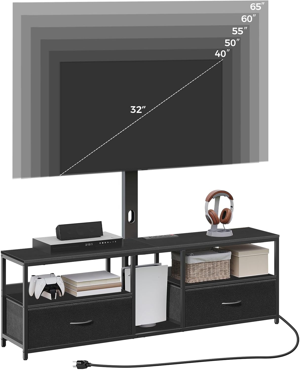 MAHANCRIS TV Stand with Mount for up to 75', Entertainment Center with Switch-Controlled Charging Station, Swivel TV Stand Mount with Fabric Drawers, for Living Room, Black TVBK154E01N2