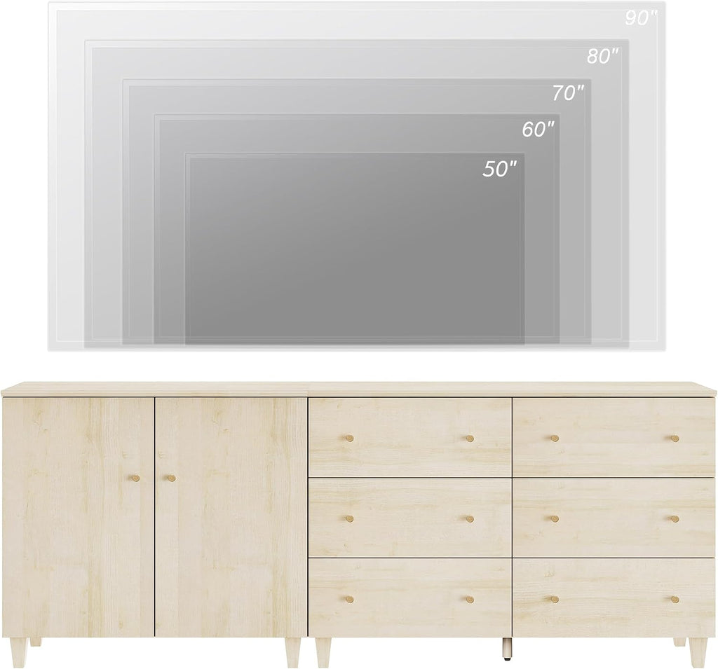 WAMPAT TV Stand Cabinets for 85+ Inches TVs, 2-in-1 Wood Media Console Table with 2 Doors and 6 Drawers, Modern Highboy Entertainment Center with Storage for Living Room Bedroom, Natural Oak