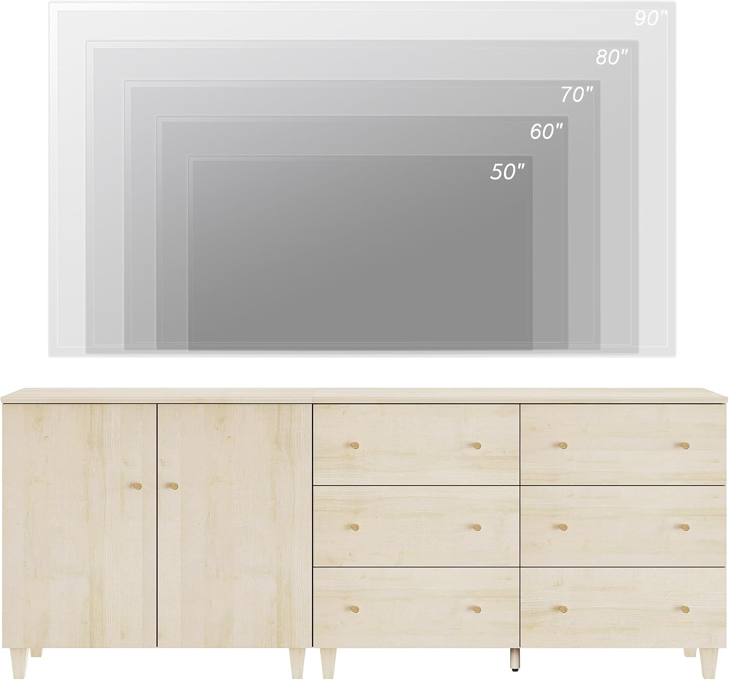 WAMPAT TV Stand Cabinets for 85+ Inches TVs, 2-in-1 Wood Media Console Table with 2 Doors and 6 Drawers, Modern Highboy Entertainment Center with Storage for Living Room Bedroom, Natural Oak