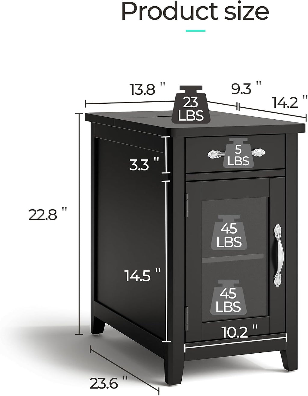 LINSY HOME End Table Set of 2 with Charging Station, Modern Farmhouse Side Table with Drawer, Wooden Narrow Bedside Table for Living Room, Slim Nightstand with Storage Cabinet, Black, Glass Door