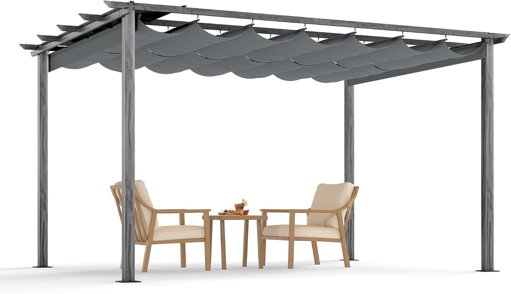 HAPPATIO 10' X 13' Wood-Grain Retractable Pergola with Sun Shade Canopy, Patio Aluminum Frame Shelter for Backyards, Gardens, Porch, Includes Ground Studs and Expansion Screws (Grey)