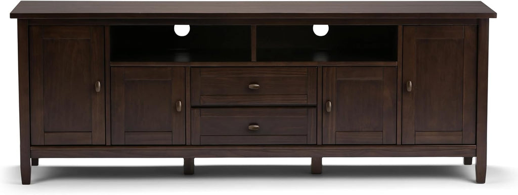 SIMPLIHOME Warm Shaker TV Stand - 72 inch Wide Solid Wood Media Console in Tobacco Brown, Transitional Entertainment Center for Living Room for TVs up to 80 Inches with Cabinets and Cable Management