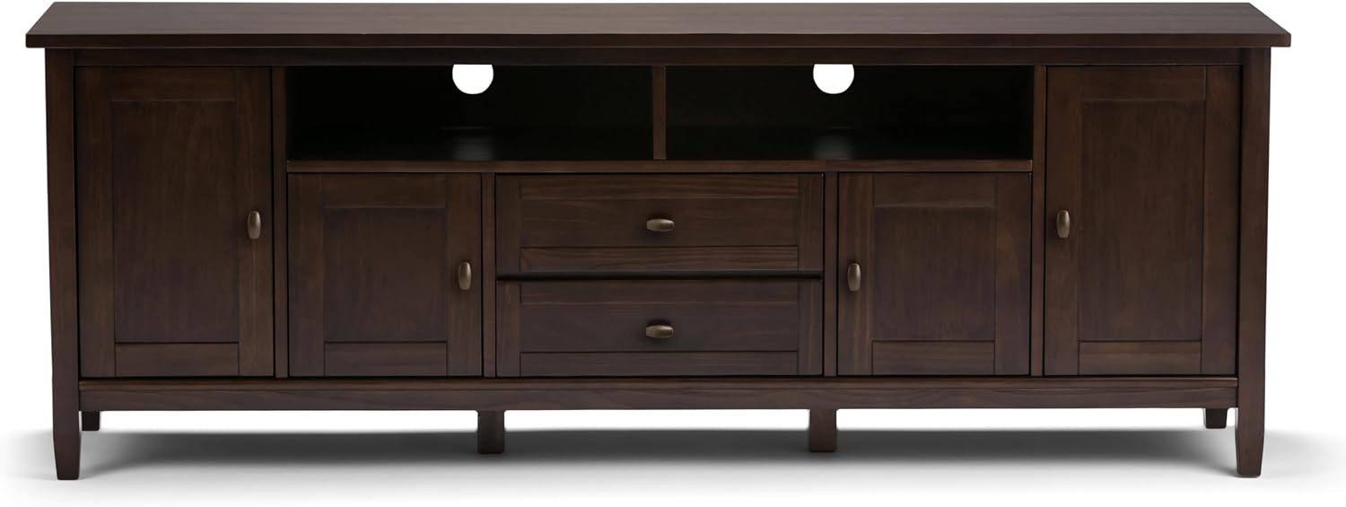 SIMPLIHOME Warm Shaker TV Stand - 72 inch Wide Solid Wood Media Console in Tobacco Brown, Transitional Entertainment Center for Living Room for TVs up to 80 Inches with Cabinets and Cable Management