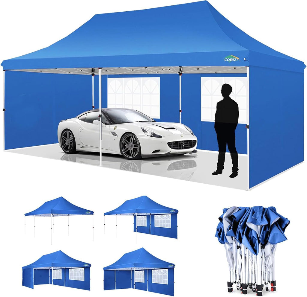 COBIZI 10x20ft Pop Up Canopy Tent with 6 Removable Sidewalls, Easy Up Commercial Canopy, Waterproof and UV50+ Gazebo with Portable Bag, Adjustable Leg Heights,Party Tents for Parties, with 4 Sandbags