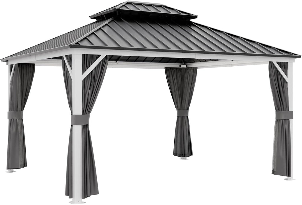 EAGLE PEAK 12x14 Hardtop Gazebo, Galvanized Steel Double Roof with Aluminum Frame, Outdoor Pavilion with Netting and Curtains for Patio, Deck, Lawn and Garden, White/Gray
