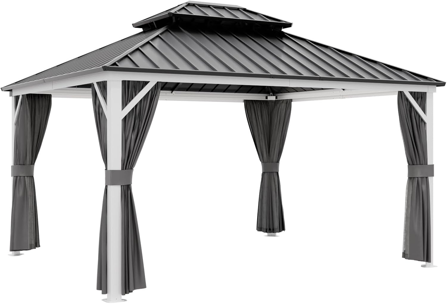 EAGLE PEAK 12x14 Hardtop Gazebo, Galvanized Steel Double Roof with Aluminum Frame, Outdoor Pavilion with Netting and Curtains for Patio, Deck, Lawn and Garden, White/Gray