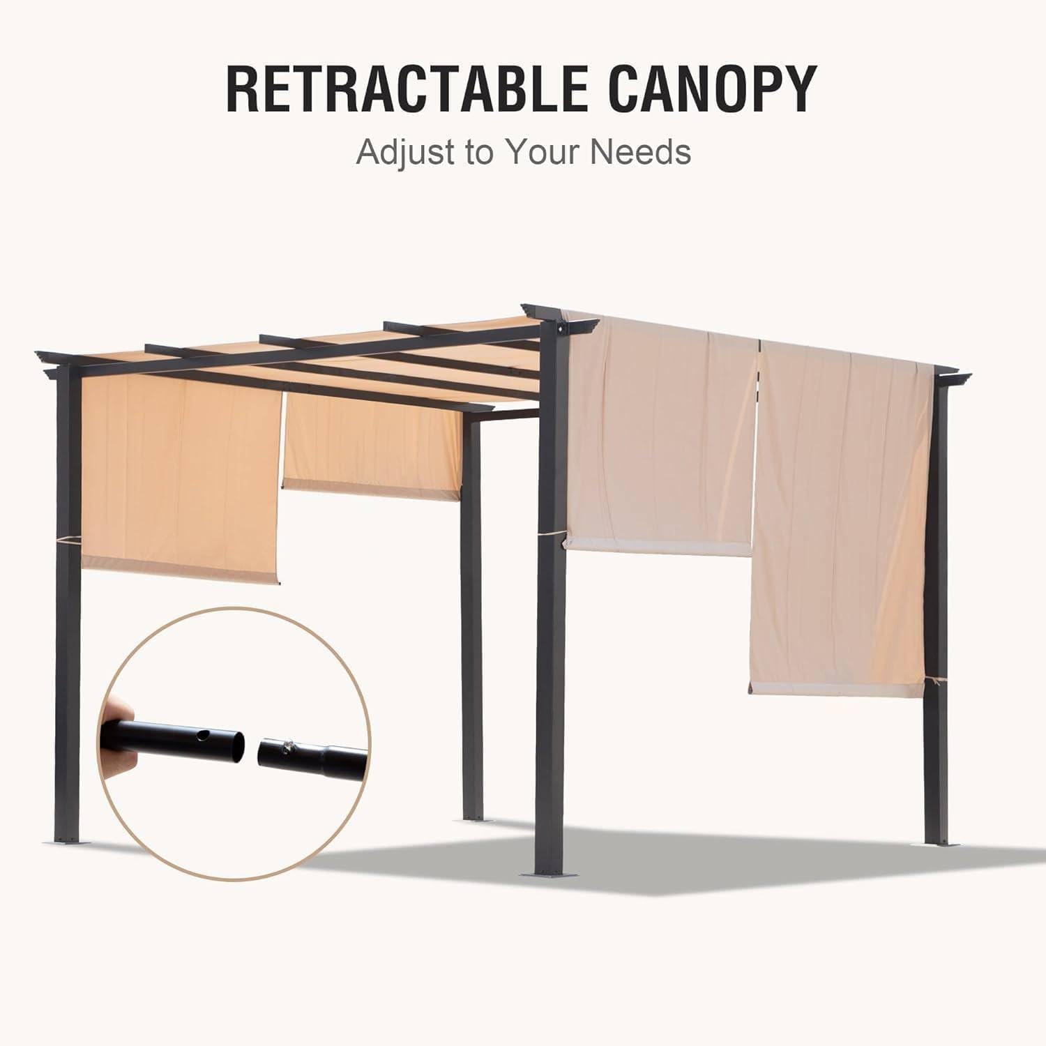 10' X 10' Outdoor Modern Steel Pergola with Retractable Canopy, Beige