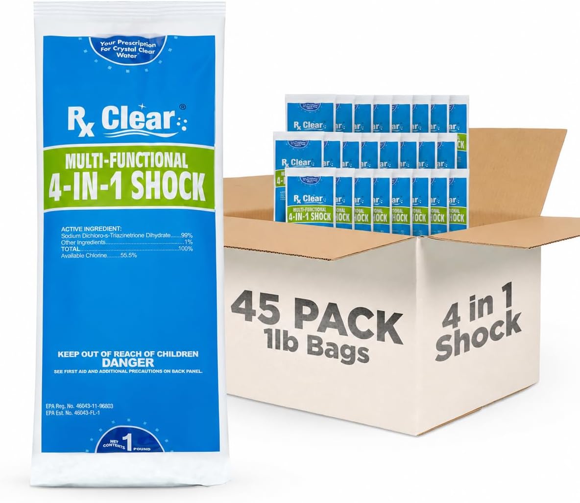 Rx Clear Multi-Functional 4-in-1 Swimming Pool Shock | 99% Sodium Dichloro-s-Triazinetrione Dihydrate | Kills Bacteria and Algae | One-Pound Bags | 45-Pack