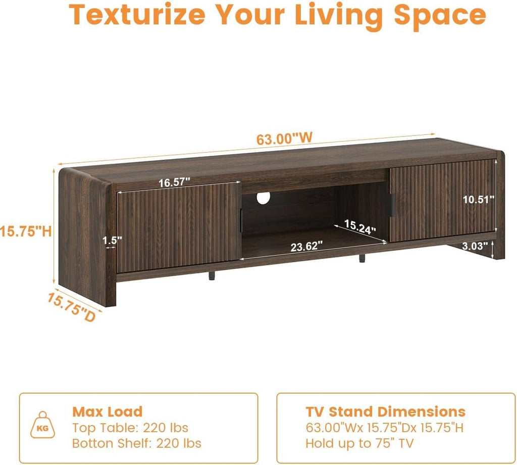 FATORRI TV Stand for 75/65/55 Inch TVs, Mid Century Modern Entertainment Center with Storage, Wood Waveform Fluted-Door Television Media Console for Living Room, Bedroom (63 Inch W, Dark Walnut)
