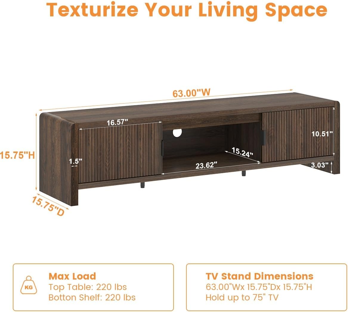 FATORRI TV Stand for 75/65/55 Inch TVs, Mid Century Modern Entertainment Center with Storage, Wood Waveform Fluted-Door Television Media Console for Living Room, Bedroom (63 Inch W, Dark Walnut)