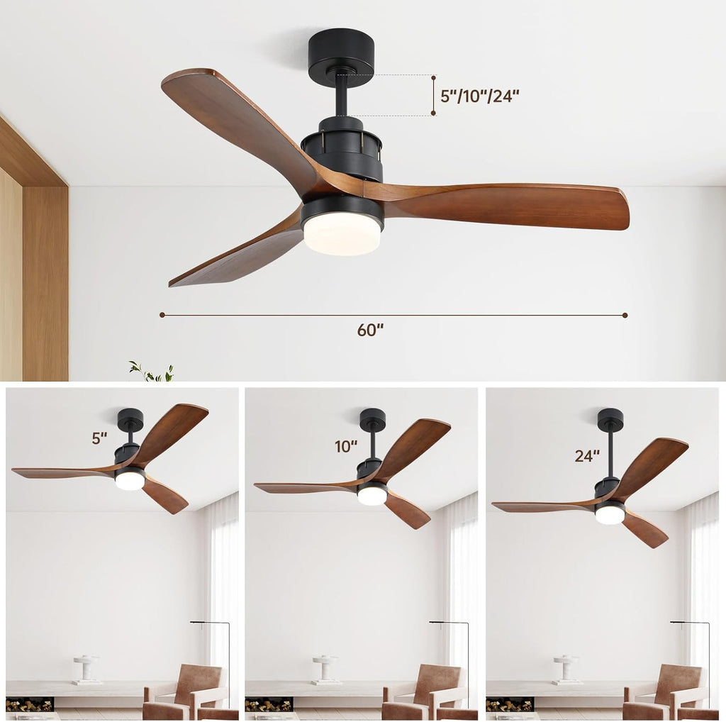 CACI Mall 60 inch Wood Ceiling Fan with Light, Outdoor Ceiling Fans for Covered Patios, Walnut, Remote Control, Large, for Porch/Garage/Farmhouse