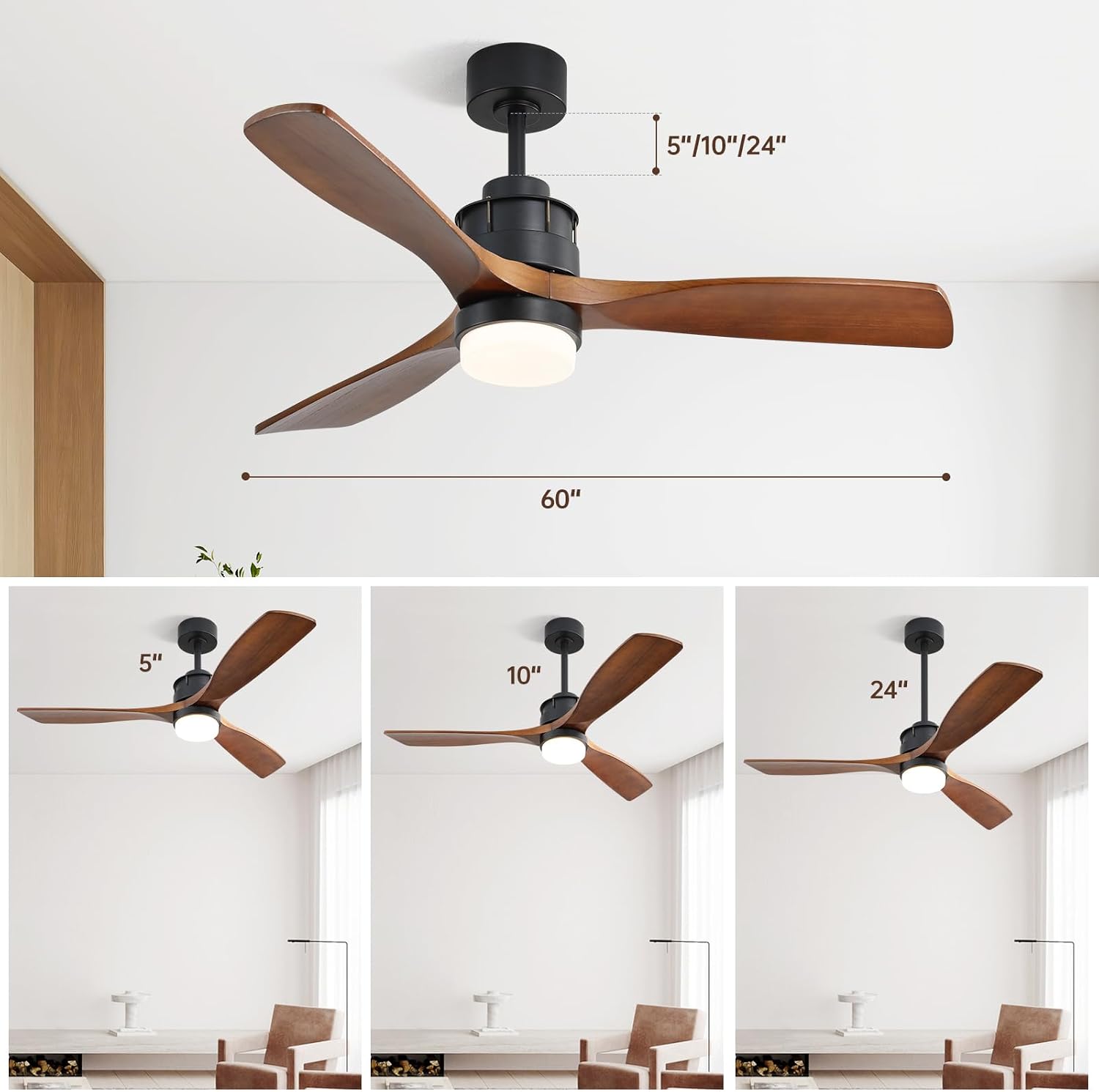 CACI Mall 60 inch Wood Ceiling Fan with Light, Outdoor Ceiling Fans for Covered Patios, Walnut, Remote Control, Large, for Porch/Garage/Farmhouse