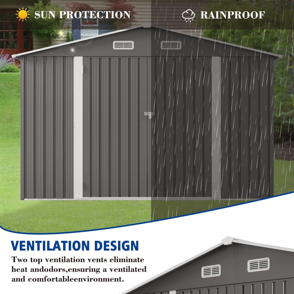 10 x 8 FT Outdoor Storage Shed with Lockable Doors, Metal Garden Tool Shed with Air Vent & Clear Window, Large Utility Storage for Lawn Equipment, Bicycles, Patio & Backyard - Gray