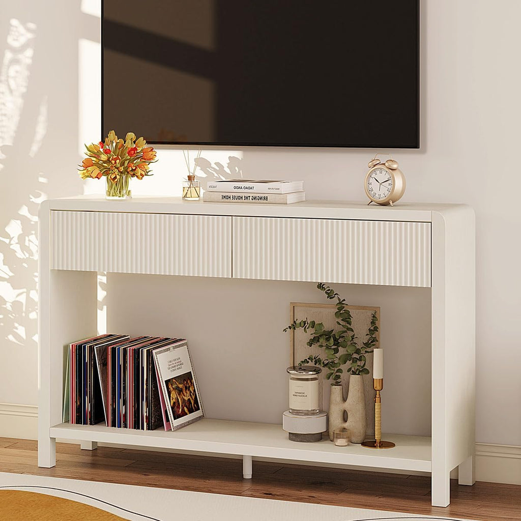 FATORRI Entryway Console Table with 2 Drawers, Modern Sofa Table for Living Room, Couch Tables Behind Sofa and Hallway Tables with Storage (47.2 inch, Antique White)