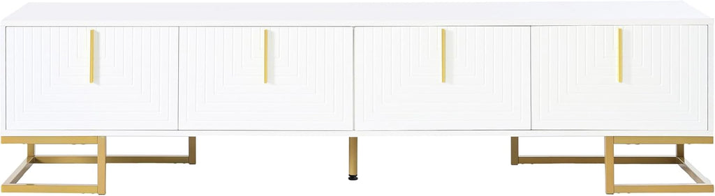 ON-TREND Modern TV Stand with Metal Legs and Gold Handles for TVs Up to 80'', Media Console Table with Cabinets and Adjustable Shelves, Luxury TV Cabinet with Geometric Lines for Living Room, White