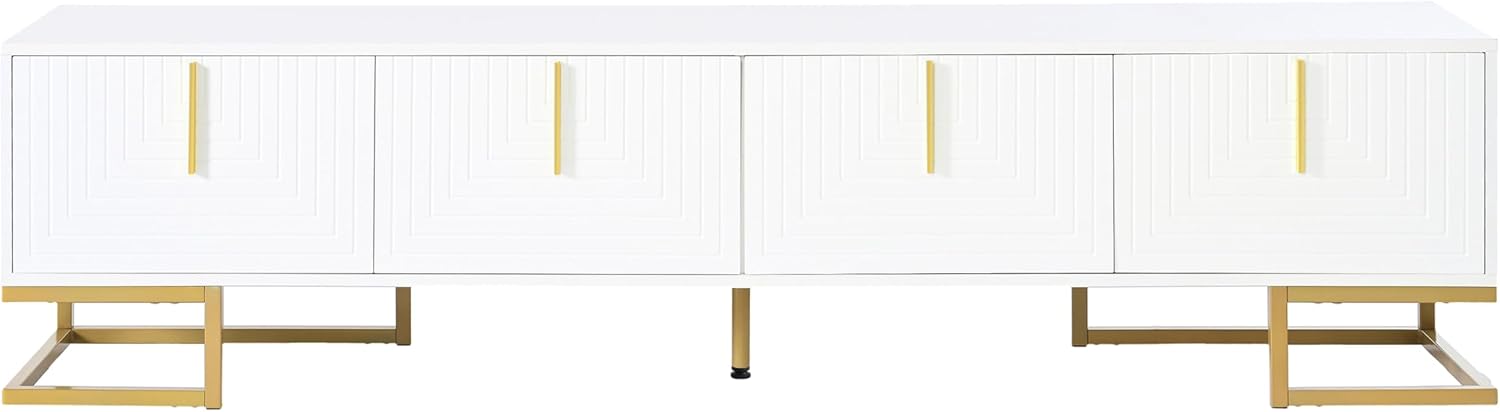 ON-TREND Modern TV Stand with Metal Legs and Gold Handles for TVs Up to 80'', Media Console Table with Cabinets and Adjustable Shelves, Luxury TV Cabinet with Geometric Lines for Living Room, White