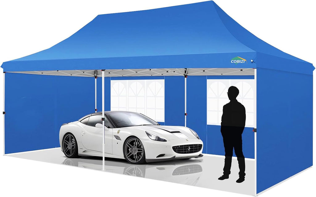 COBIZI 10x20ft Pop Up Canopy Tent with 6 Removable Sidewalls, Easy Up Commercial Canopy, Waterproof and UV50+ Gazebo with Portable Bag, Adjustable Leg Heights,Party Tents for Parties, with 4 Sandbags