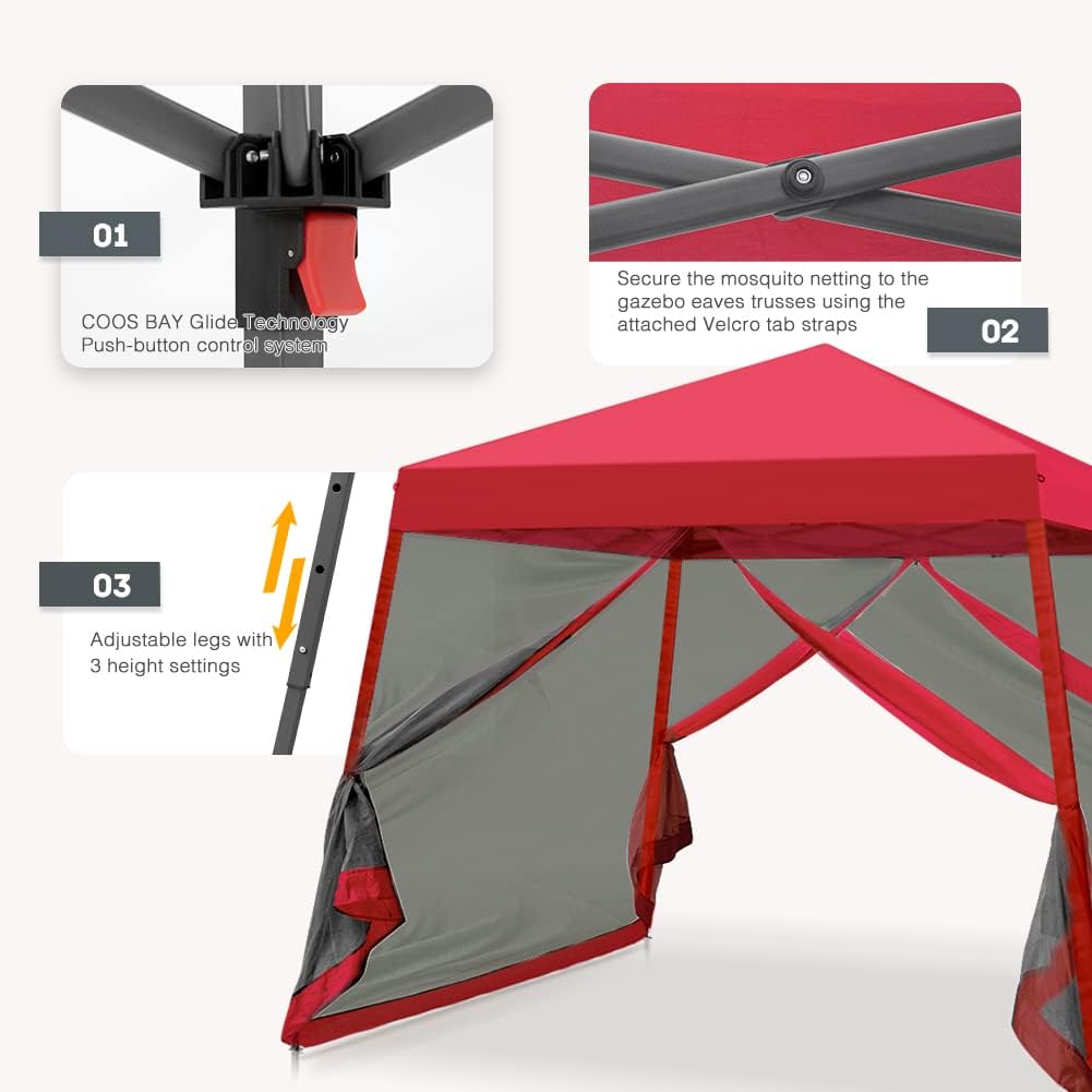 COOS BAY 10x10 Pop Up Canopy Tent with Screen Netting, Slant Leg Canopy with UPF 50+ UV Protection, 64 Sq Ft Shade, One Person Setup with Carry Bag, Red