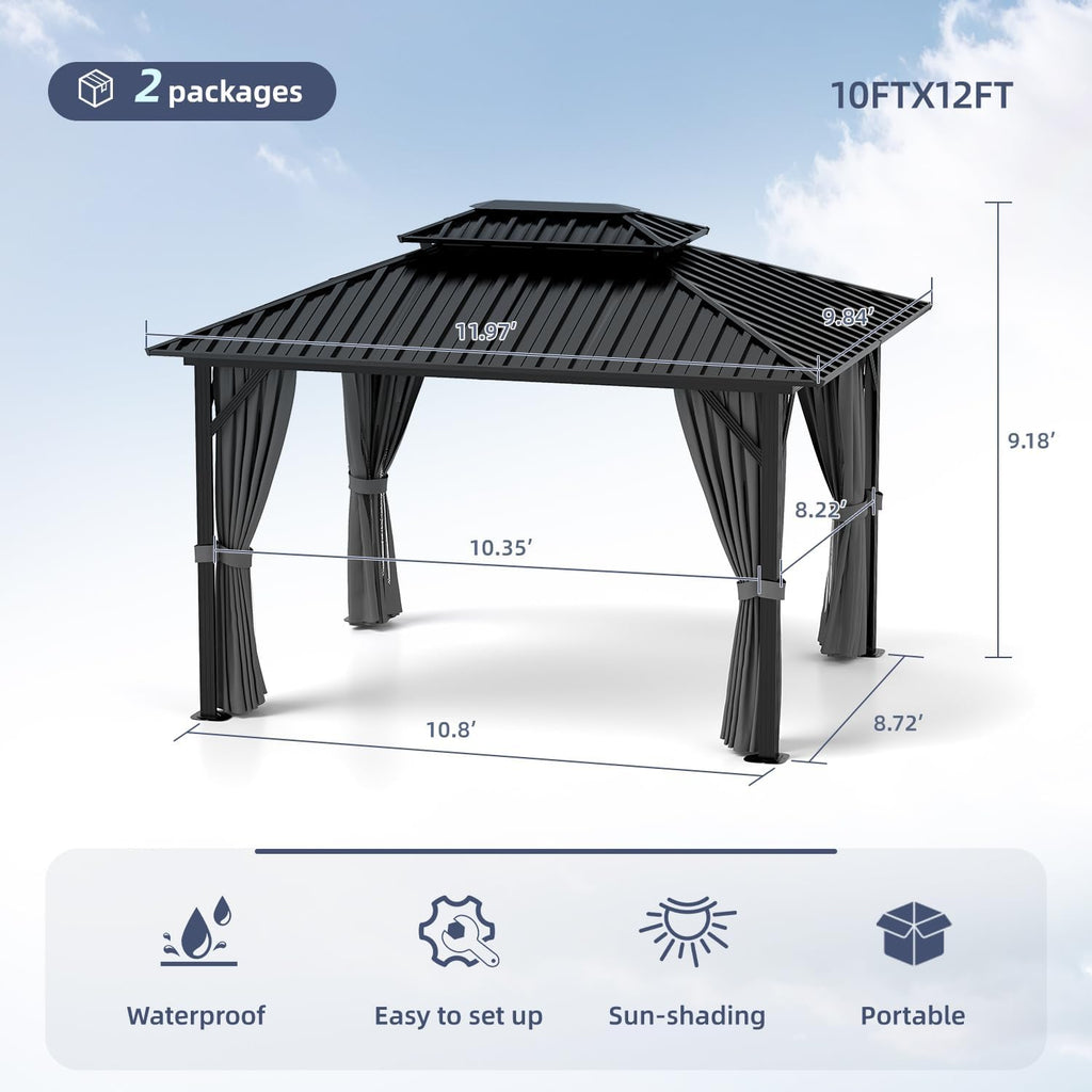 10'x12' Hardtop Gazebo, Double Galvanized Steel Roof with Sturdy Aluminum Frame, Outdoor Pavilion with Mosquito Netting and Privacy Curtains for Patio, Deck, and Backyard
