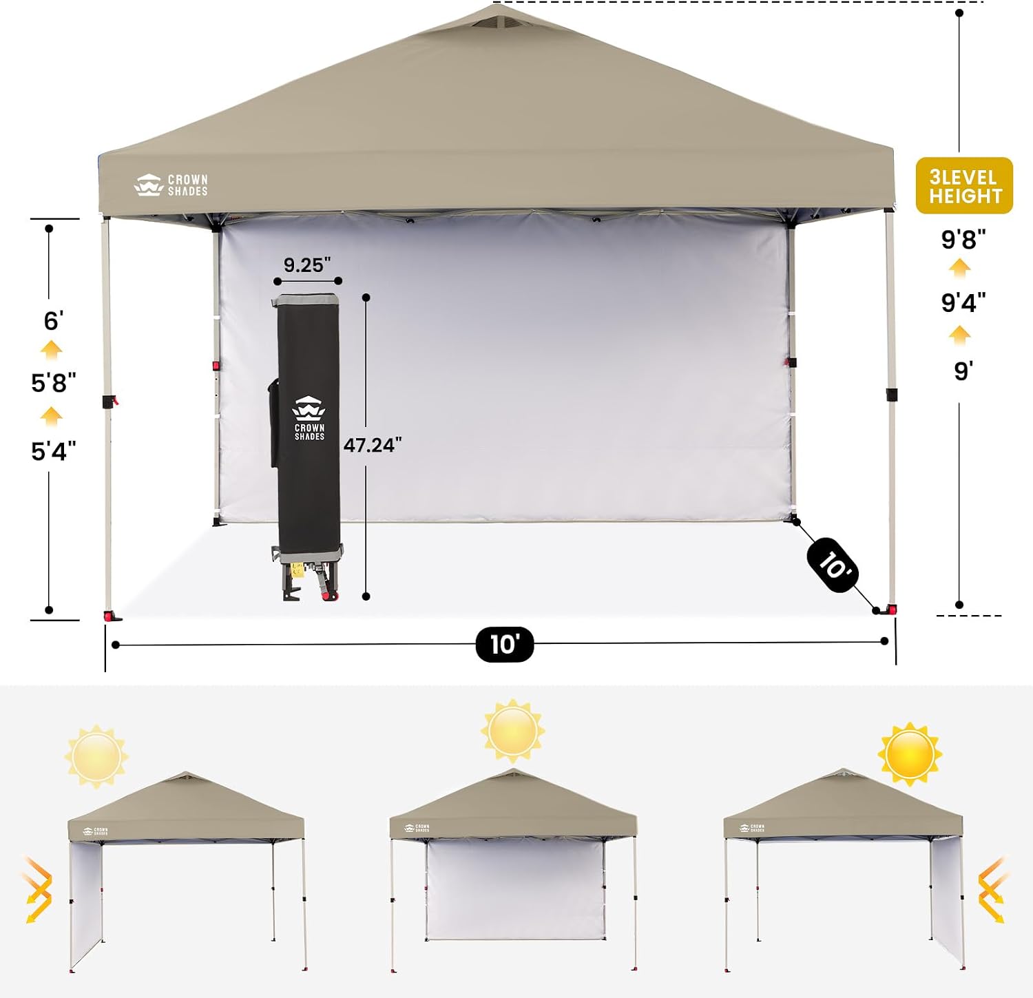 CROWN SHADES 10x10 Pop Up Canopy with 1 Side Wall - Beach Tent with One Push Setup - Outdoor Sun Shade for Events, Parties, Camping - Gazebo with STO-N-Go Cover Bag (Beige)