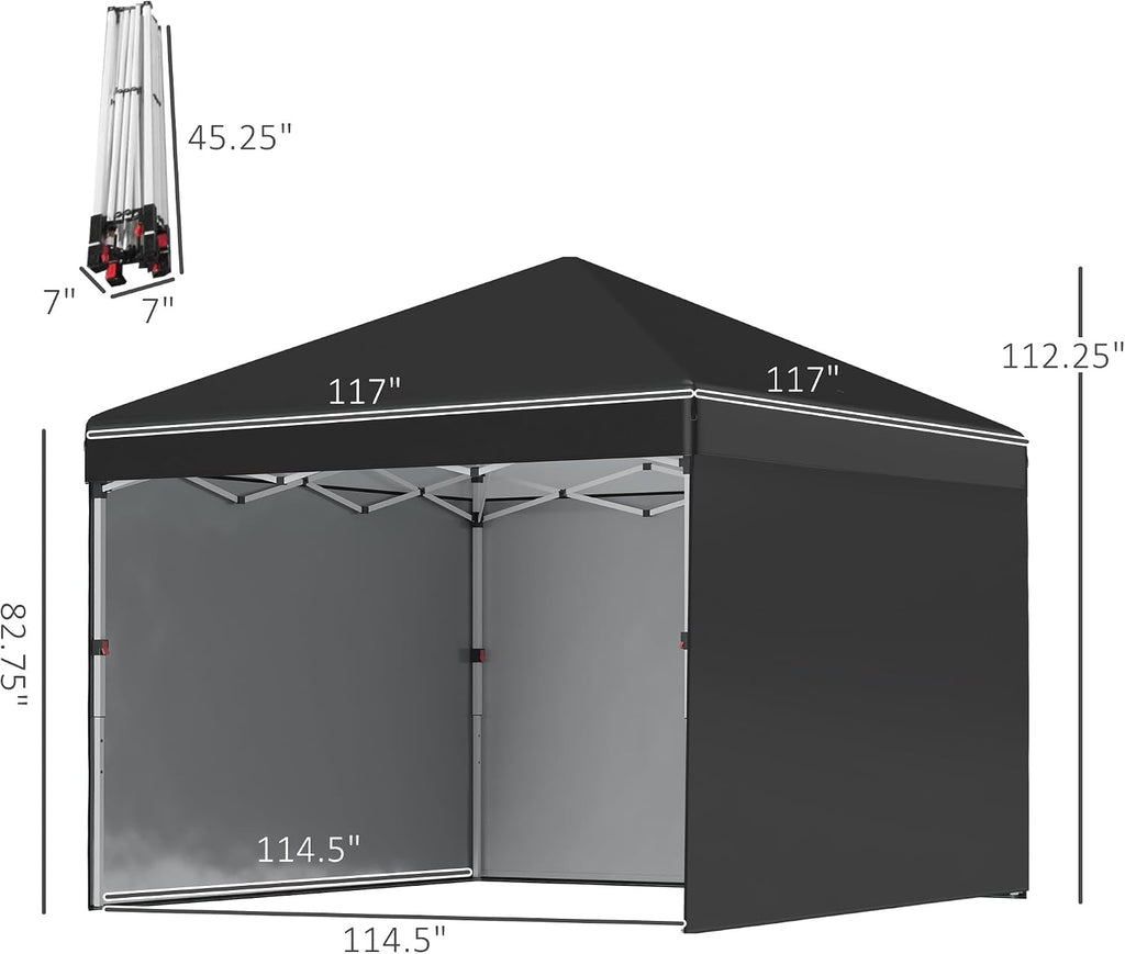 Outsunny 10' x 10' Pop Up Canopy Tent with 3 Sidewalls, Leg Weight Bags and Carry Bag, Height Adjustable, Instant Party Tent Event Shelter Gazebo for Garden, Patio, Black