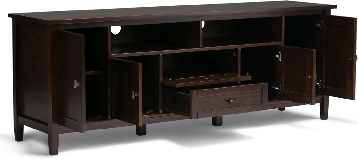 SIMPLIHOME Warm Shaker TV Stand - 72 inch Wide Solid Wood Media Console in Tobacco Brown, Transitional Entertainment Center for Living Room for TVs up to 80 Inches with Cabinets and Cable Management
