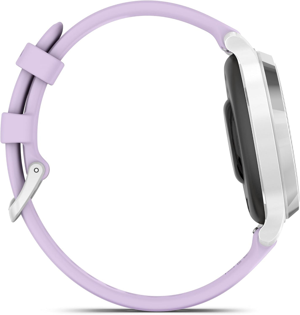 Garmin Lily 2 Active, Silver with Purple Jasmine Silicone Band, Smartwatch, Built-in GPS, Hidden Display, Patterned Lens, Up to 9 Days Battery Life w Black Earbuds Bundle