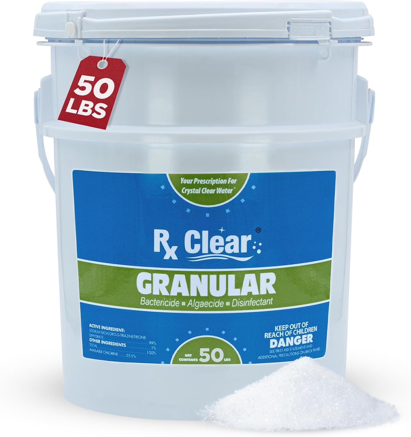 Rx Clear 50 lbs Granular Pool Chlorine | Use As Bactericide, Algaecide, & Disinfectant in Swimming Pools, Hot Tubs, & Spas | Stabilized, Fast Dissolving & UV Protected