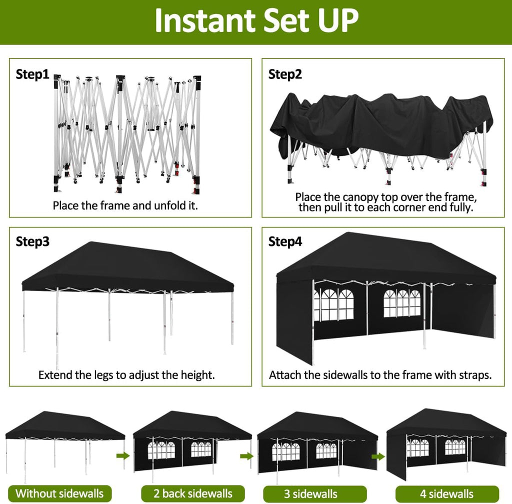 Eachbid 10x20 Pop Up Canopy Gazebo with 4 Removable Sidewalls, Windows, Carry Bag, Portable Waterproof Outdoor Tent, Commercial Instant Gazebo Tent for Patio/Outdoor/Wedding Parties and Events