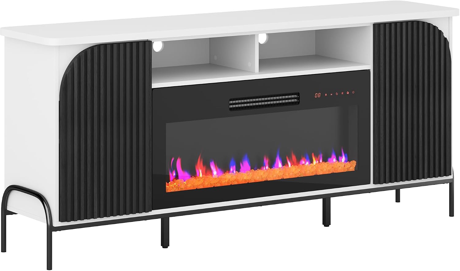 BELLEZE 68' Fluted TV Stand with 36' Electric Fireplace, Modern Entertainment Center with Storage for TVs Up to 75', Media Console with Curved Panel & Door,TV Cabinet for Living Room Bedroom (White)