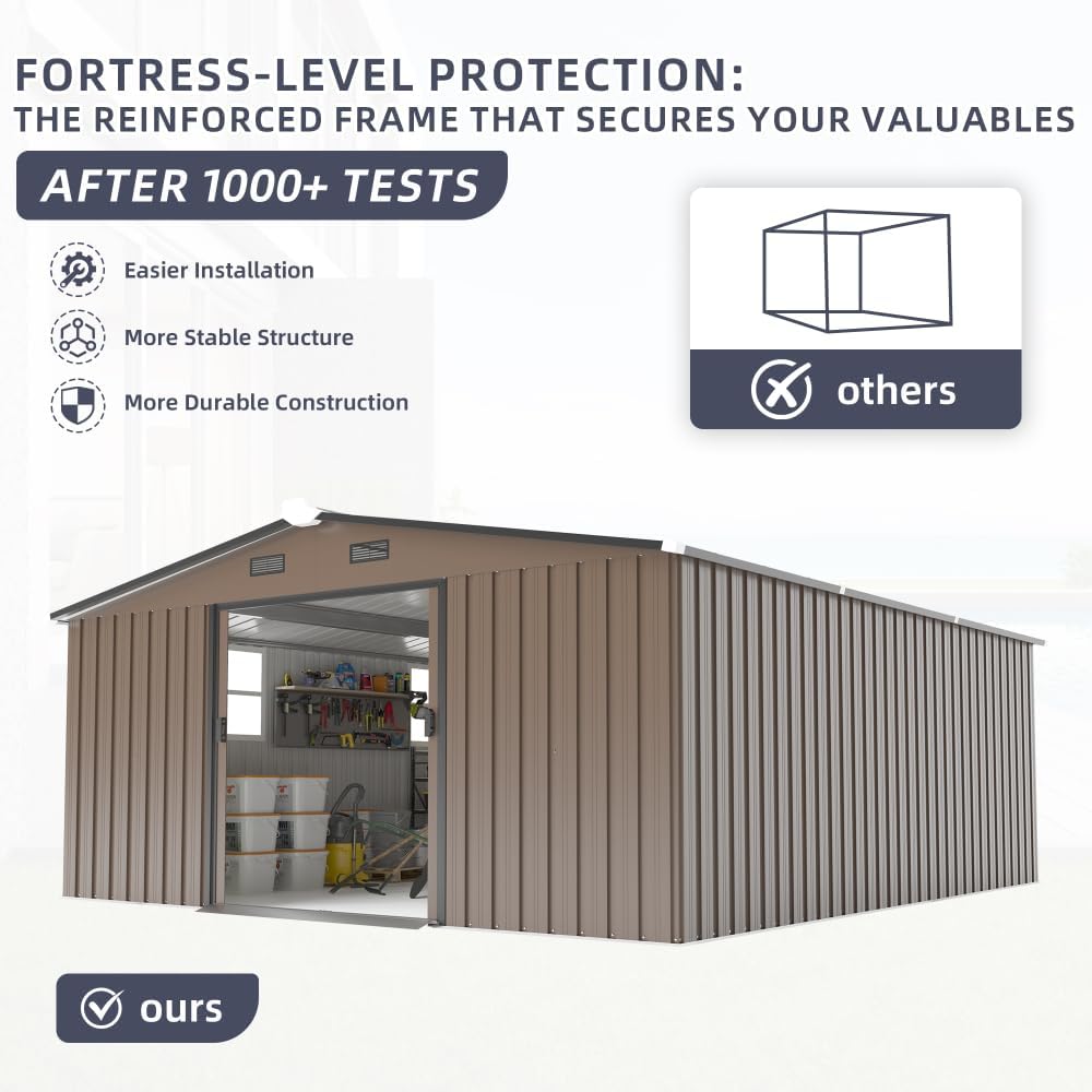 10x12 FT Outdoor Storage Shed with Windows, Brown Color Steel Metal Garden Shed with Protective Film, 0.25mm Roof & Wall Panels, Gift Tool Kit Included
