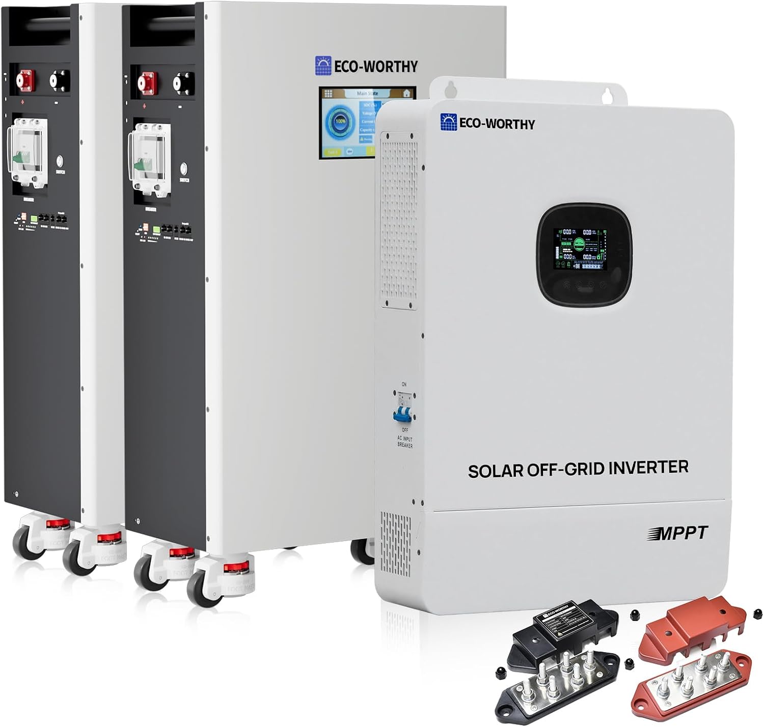 ECO-WORTHY Powermega 48V 314Ah(2 Pack) LiFePO4 Energy Storage System with 10kW Hybrid Inverter, Smart Active Balancing BMS, Built-in Bluetooth&WiFi, 7' LCD, RS485/CAN/RS232 for Off-Grid&Home Backup