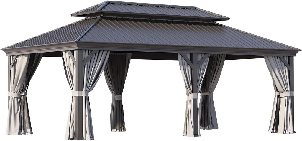 12'x20' Grey Double-top Rectangular Column Iron Sheet Pavilion, Suitable for Outdoor Courtyards and Gardens, Luxurious Iron-top Tent with Enclosure Fabric,