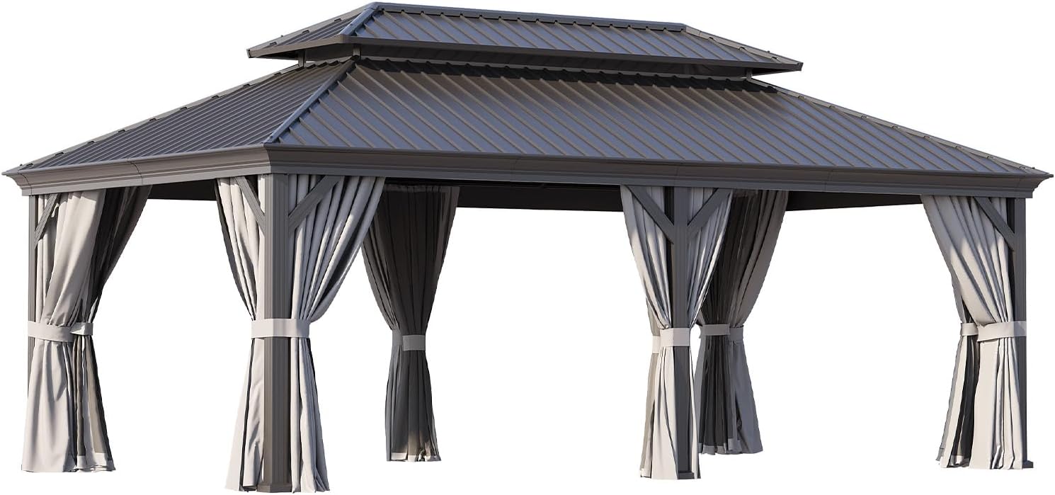 12'x20' Grey Double-top Rectangular Column Iron Sheet Pavilion, Suitable for Outdoor Courtyards and Gardens, Luxurious Iron-top Tent with Enclosure Fabric,