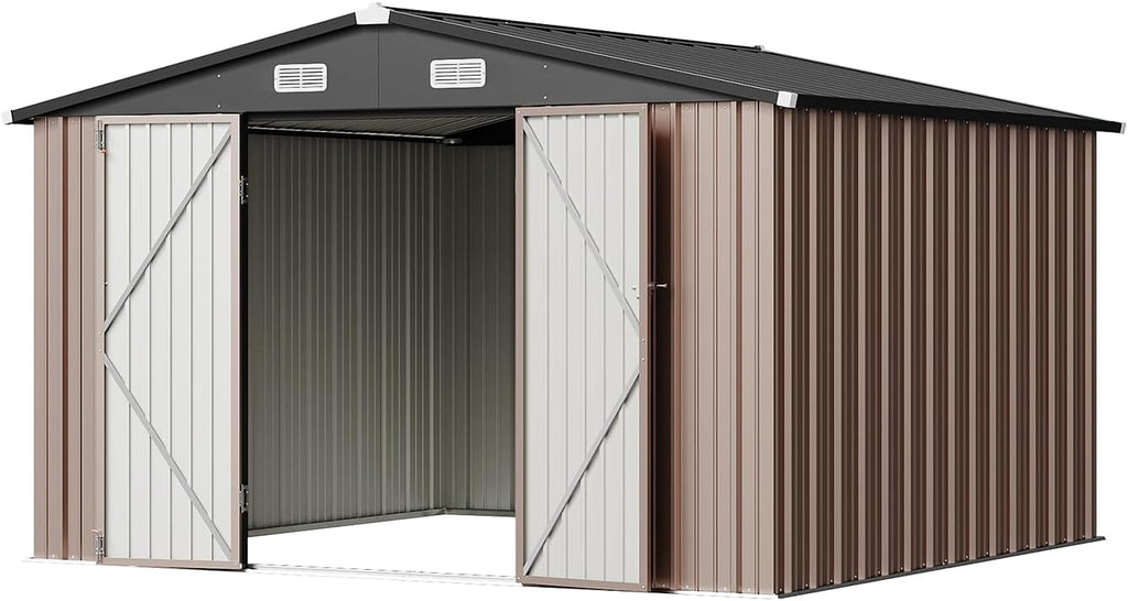 10'x10' Brown Metal Tool Shed (Without Base) Double-Door, Vent Windows,Garden, Patio, Lawn, Poolside