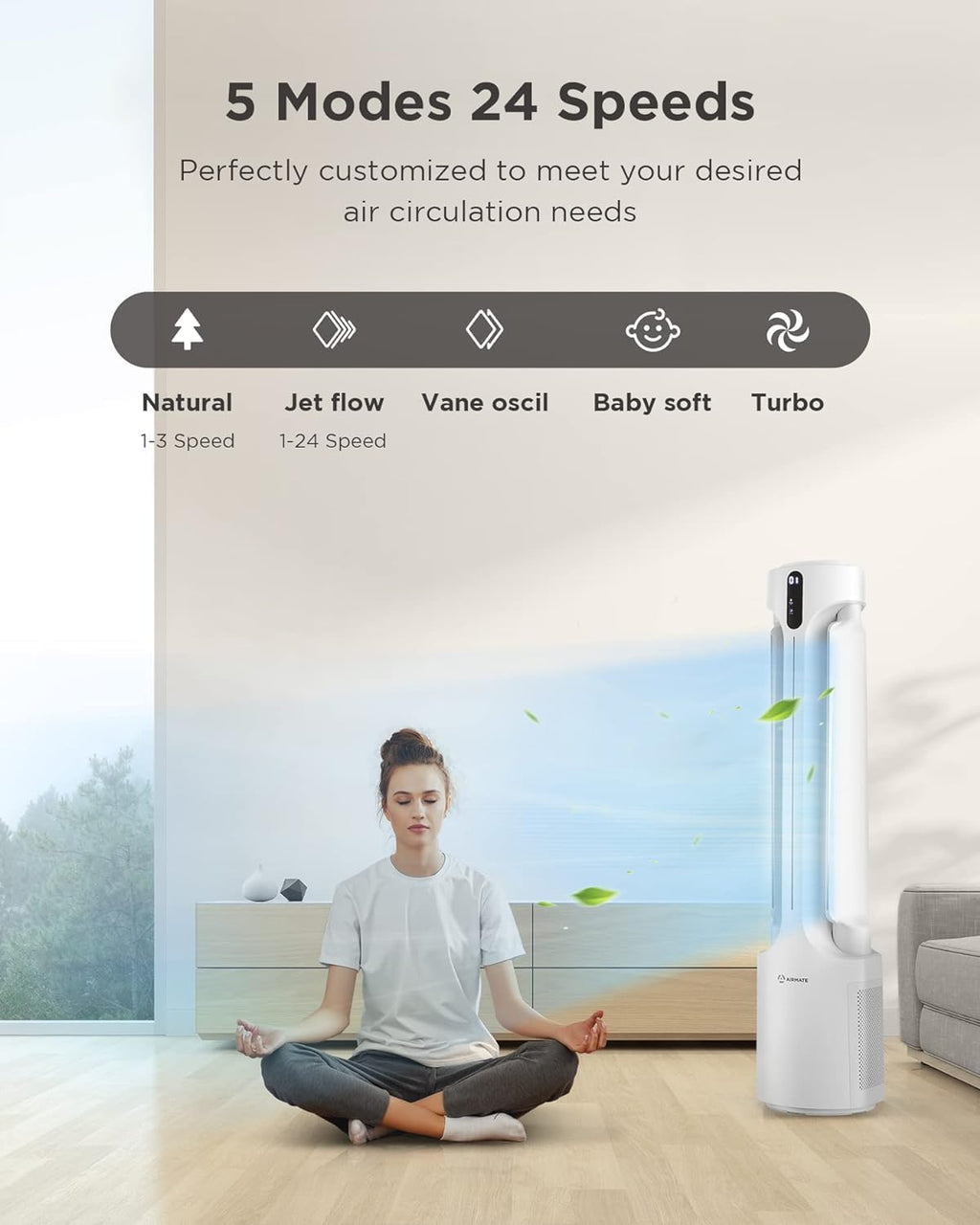 AIRMATE Air Purifier Bladeless Tower Fans, 1500CFM Large Air Volume, 45' 2-in-1 Standing Fan for Bedroom & Home, 28ft/s Velocity, 90° Oscillation, 24H Timer, Low Noise, White
