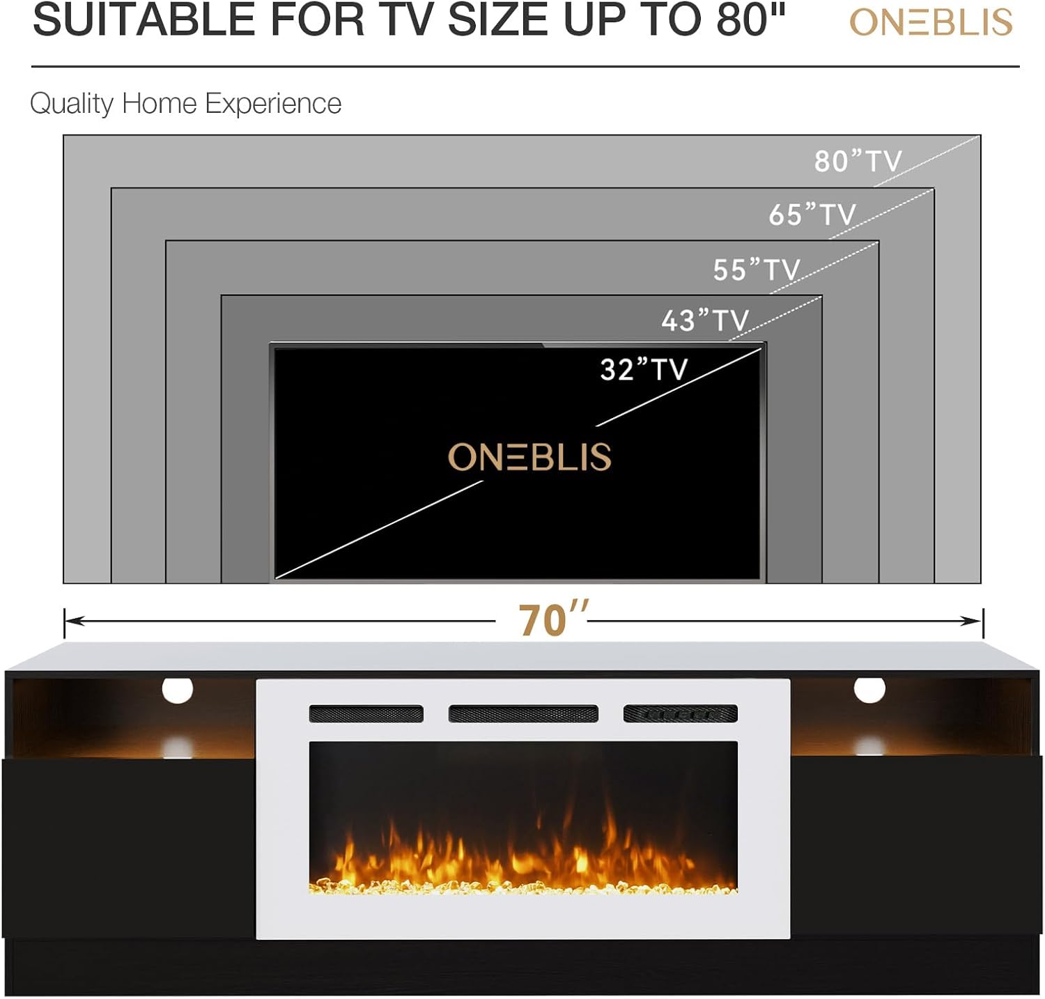 70' Fireplace TV Stand, LED Light Entertainment Center for TVs Up to 80', High-Gloss Door, Modern TV Console for Living Room with Storage Cabinet, Black+White