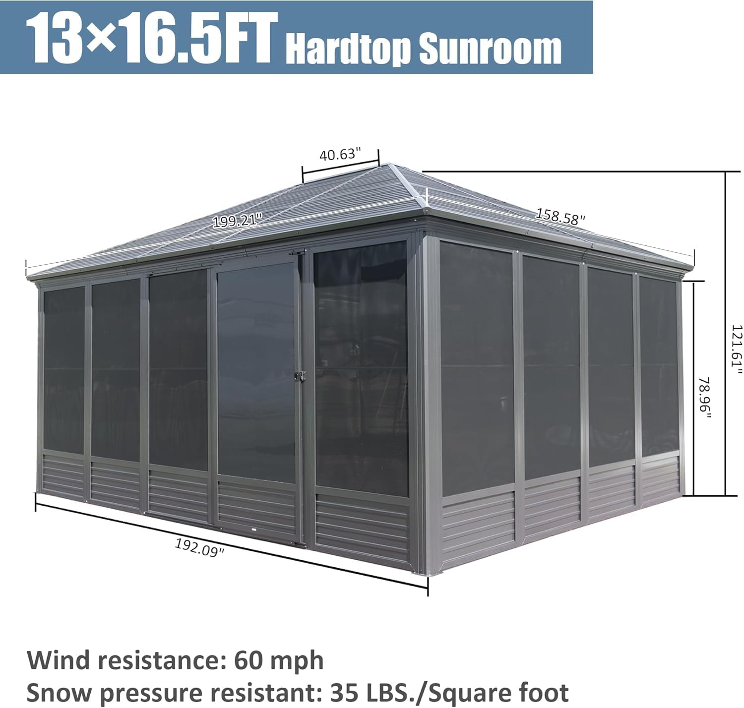 13x16.5FT Four-Season Sunroom Solarium with Galvanized Steel Roof & Movable PVC Screens | All-Weather Aluminum Hardtop Gazebo, Lockable Sliding Door for Patio, Deck, Backyard, Grey