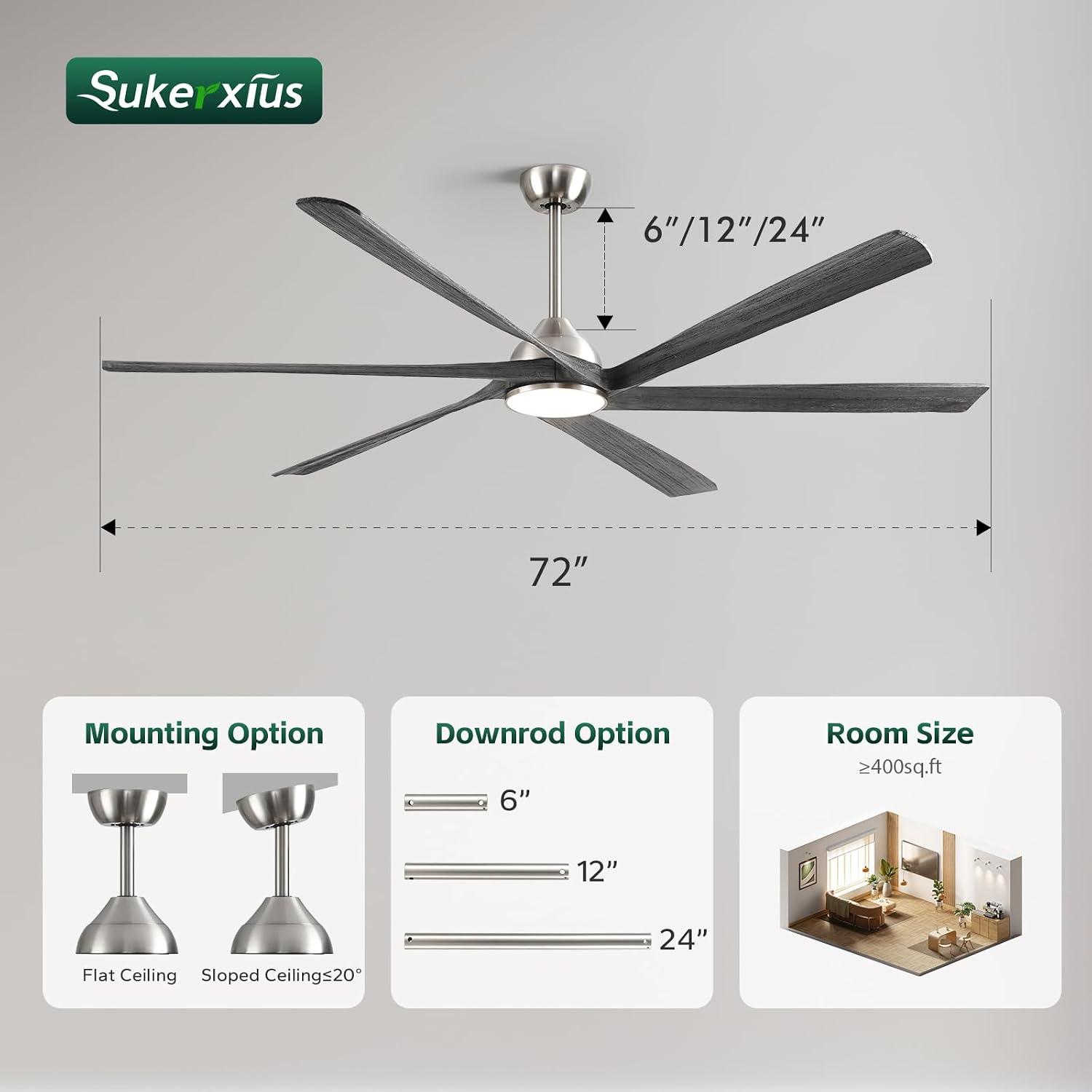 72 Inch Outdoor Smart Ceiling Fan with Light, Alexa App Remote Control, 6 Solid Wood Propeller Blade, High CFM Quiet Reversible DC Motor, Modern Farmhouse for Indoor Living Room Exterior Patio