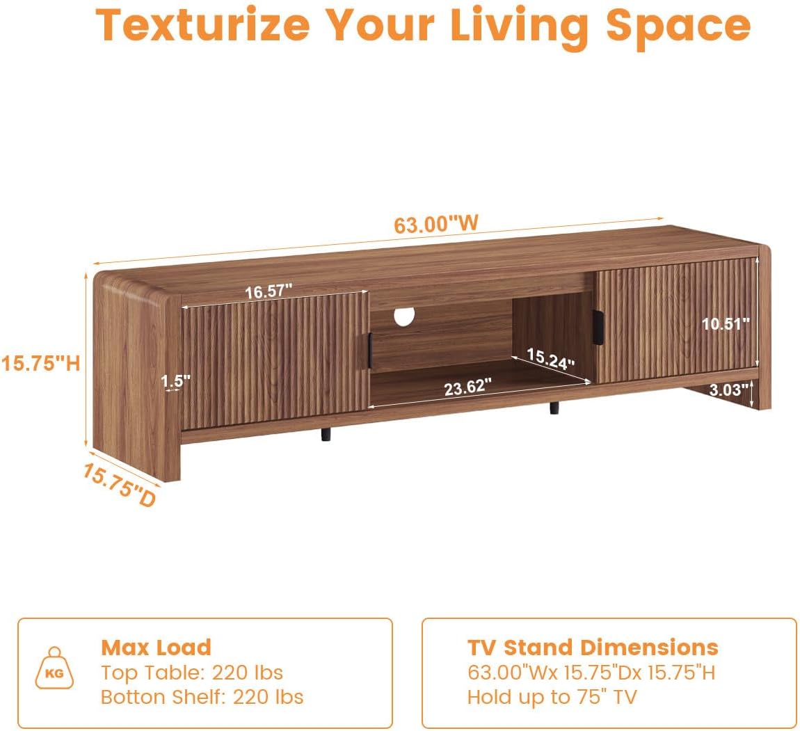 FATORRI TV Stand for 75/65/55 Inch TVs, Farmhouse Entertainment Center with Storage, Wood Waveform Fluted-Door Television Media Console for Living Room,Bedroom (63' W, Walnut)
