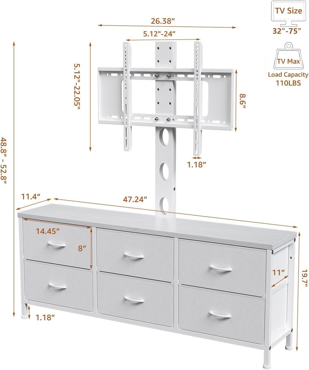 TV Stand with Mount, Fabric Dresser with 6 Drawers for 32/45/55/60/65/75 inch TVs, White Dresser Entertainment Center, Modern Media TV Console Table