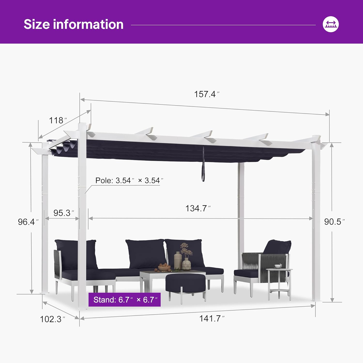 PURPLE LEAF 10' x 13' Patio Retractable Pergola Outdoor White Heavy-Duty Aluminum Pergola Metal with Double Sun Shade Canopy for Backyard Gardens Deck, Navy Blue